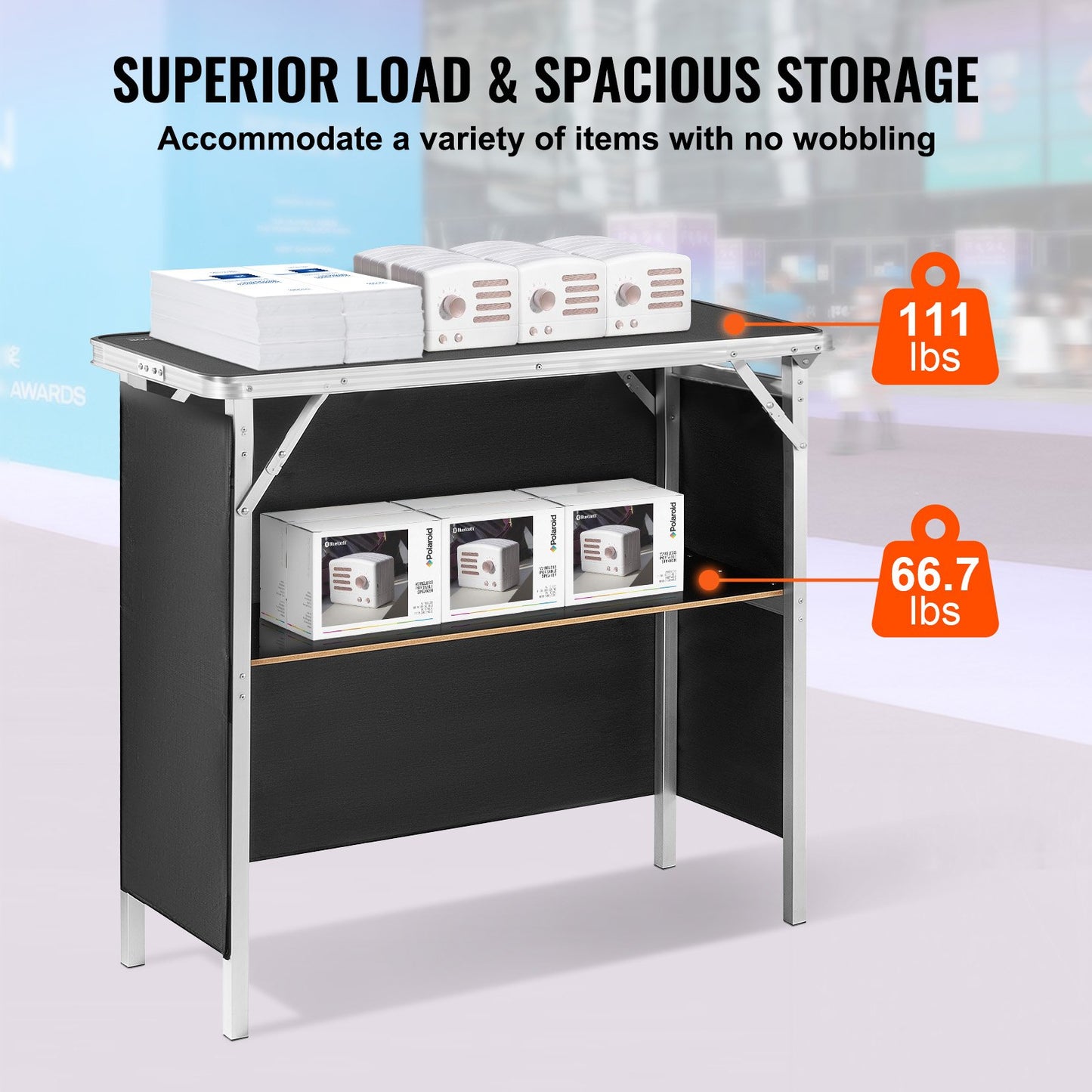 Portable Tradeshow Podium Bord, 38,39" x 15,16" x 34,25", Display Utställningsbänk monter Mässa med vägg, hopfällbar kampanj Retail Bar Bord Podium med förvaringsställ och bärväska