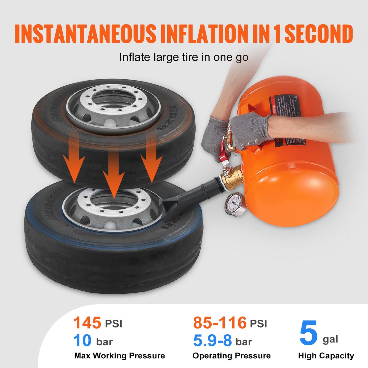 Tire Bead Blaster, 5 gallon/19L capacity, includes pressure gauge and handle, 145 PSI Max inflation tank, works between 85-116 PSI for cars, trucks and ATVs