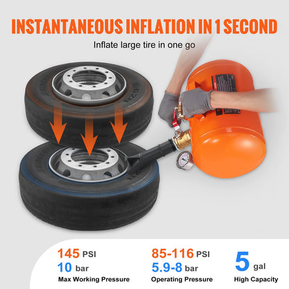 Tire Bead Blaster, 5 gallon/19L capacity, includes pressure gauge and handle, 145 PSI Max inflation tank, works between 85-116 PSI for cars, trucks and ATVs