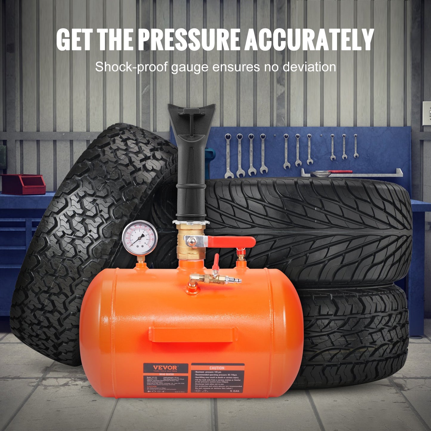 Tire Bead Blaster, 5 gallon/19L capacity, includes pressure gauge and handle, 145 PSI Max inflation tank, works between 85-116 PSI for cars, trucks and ATVs