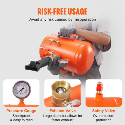 Tire Bead Blaster, 5 gallon/19L capacity, includes pressure gauge and handle, 145 PSI Max inflation tank, works between 85-116 PSI for cars, trucks and ATVs