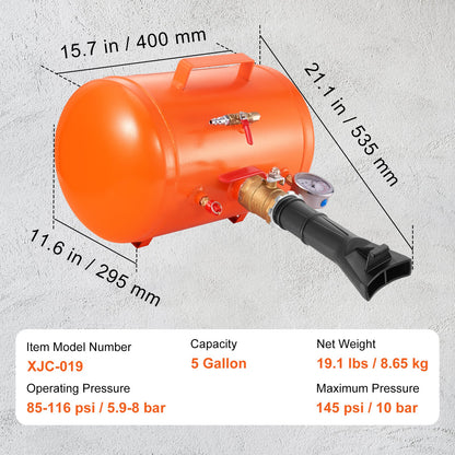 Tire Bead Blaster, 5 gallon/19L capacity, includes pressure gauge and handle, 145 PSI Max inflation tank, works between 85-116 PSI for cars, trucks and ATVs