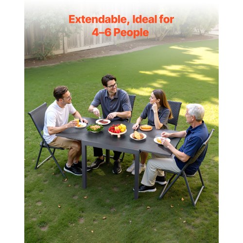Utbyggbart matbord för utomhusbruk, 80-160 cm rektangulära bistrobord för 4-6 personer, aluminiumram, metallstål, stora vädertåliga möbler för gräsmatta, veranda, mörkgrå |  EU