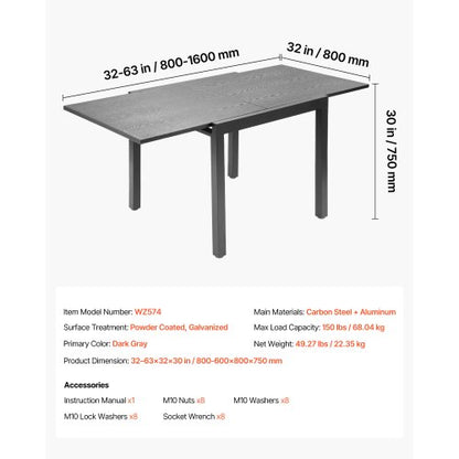 Utbyggbart matbord för utomhusbruk, 80-160 cm rektangulära bistrobord för 4-6 personer, aluminiumram, metallstål, stora vädertåliga möbler för gräsmatta, veranda, mörkgrå |  EU