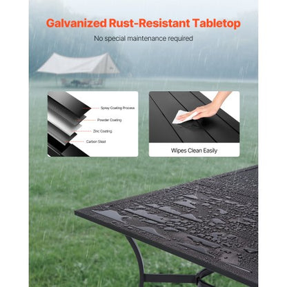 Matbord för utomhusbruk, 150 cm långt rektangulärt bistrobord i metall och stål för 4-6 personer, med 38 mm paraplyhål, vädertåliga stora möbler för gräsmatta, veranda, svart |  EU