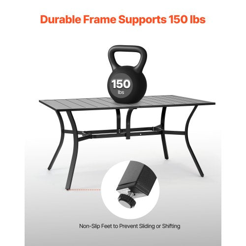 Matbord för utomhusbruk, 150 cm långt rektangulärt bistrobord i metall och stål för 4-6 personer, med 38 mm paraplyhål, vädertåliga stora möbler för gräsmatta, veranda, svart |  EU