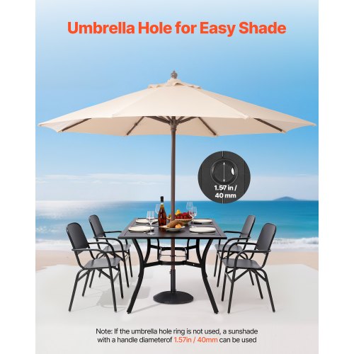 Matbord för utomhusbruk, 150 cm långt rektangulärt bistrobord i metall och stål för 4-6 personer, med 38 mm paraplyhål, vädertåliga stora möbler för gräsmatta, veranda, svart |  EU