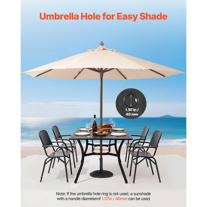 Matbord för utomhusbruk, 150 cm långt rektangulärt bistrobord i metall och stål för 4-6 personer, med 38 mm paraplyhål, vädertåliga stora möbler för gräsmatta, veranda, svart |  EU