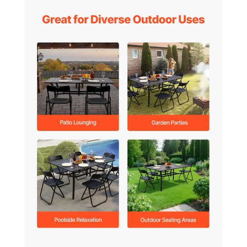 Matbord för utomhusbruk, 150 cm långt rektangulärt bistrobord i metall och stål för 4-6 personer, med 38 mm paraplyhål, vädertåliga stora möbler för gräsmatta, veranda, svart |  EU