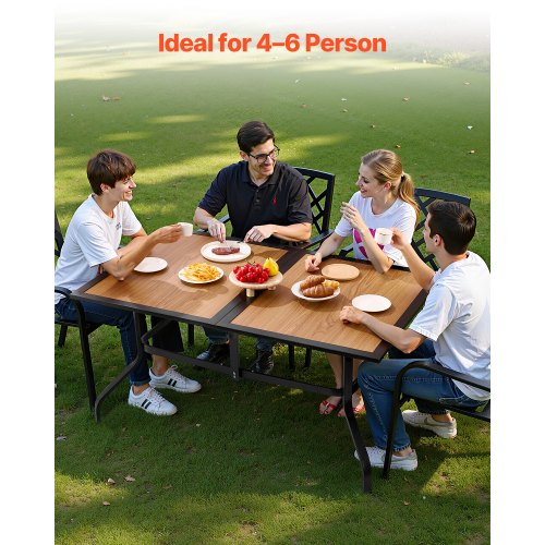 Matbord för utomhusbruk, 150 cm långt rektangulärt bistrobord i träliknande stål för 4-6 personer, med 38 mm paraplyhål, stora vädertåliga möbler för gräsmatta/veranda, brunt |  EU