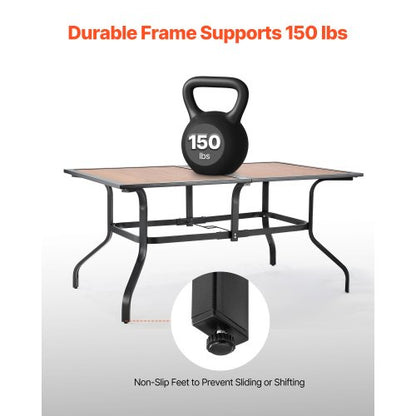 Matbord för utomhusbruk, 150 cm långt rektangulärt bistrobord i träliknande stål för 4-6 personer, med 38 mm paraplyhål, stora vädertåliga möbler för gräsmatta/veranda, brunt |  EU