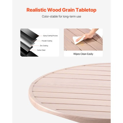 Matbord för utomhusbruk, 103 cm runt träliknande stålribbor för 4 personer, med 38 mm paraplyhål, stora utomhusmöbler i alla väder för gräsmatta/veranda, grå |  EU