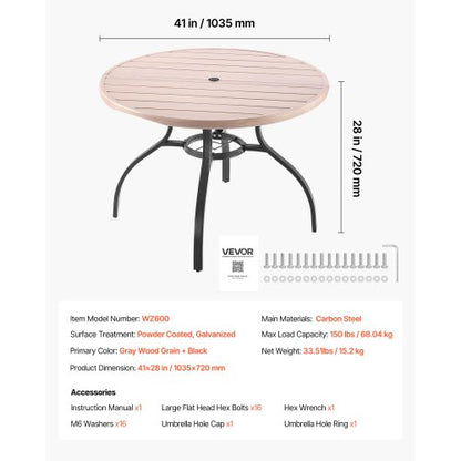 Matbord för utomhusbruk, 103 cm runt träliknande stålribbor för 4 personer, med 38 mm paraplyhål, stora utomhusmöbler i alla väder för gräsmatta/veranda, grå |  EU