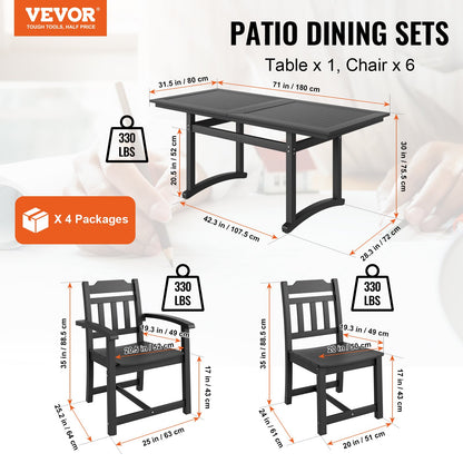 7 delar Uteplats matsalsset, Utomhus rektangulära möbler Bord och stolar Set, All Weather Trädgårdsmöbler bordsset, HIPS Patio Conversation Set, för gräsmatta, däck, bakgård, poolside, svart
