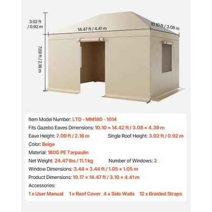Vinterpaviljongöverdrag passar 3,08 x 4,39 m paviljonger med hård tak, allväderspaviljongöverdrag med sidoväggar och fönster, högdensitets PE-material, slutna förvaringsskydd, paviljonger ingår ej |  EU