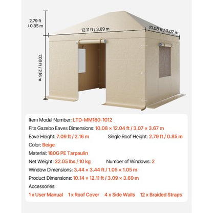 Vinterpaviljongöverdrag passar 3,07 x 3,67 m paviljonger med hård tak, allväderspaviljongöverdrag med sidoväggar och fönster, högdensitets PE-material, slutna förvaringsskydd, paviljonger ingår ej |  EU