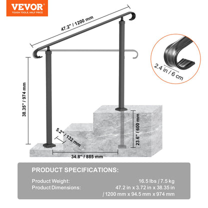Smidesjärnsräcke, Passar 2 eller 3 stegs utomhustrappräcke, justerbar verandahandstång, svarta övergångsräcke för betongtrappor eller trätrappor med installationssats