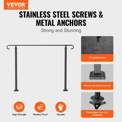 Wrought Iron Railing, Fits 2 or 3 Step Outdoor Stair Railing, Adjustable Porch Handrail, Black Transition Railing for Concrete Stairs or Wood Stairs with Installation Kit