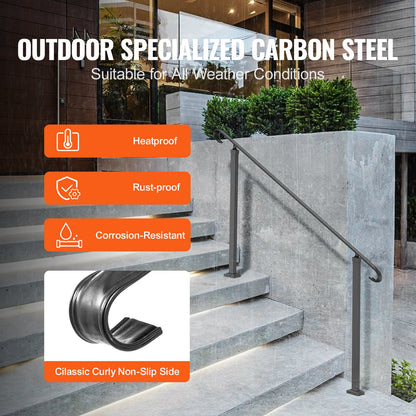 Wrought Iron Railing, Fits 2 or 3 Step Outdoor Stair Railing, Adjustable Porch Handrail, Black Transition Railing for Concrete Stairs or Wood Stairs with Installation Kit