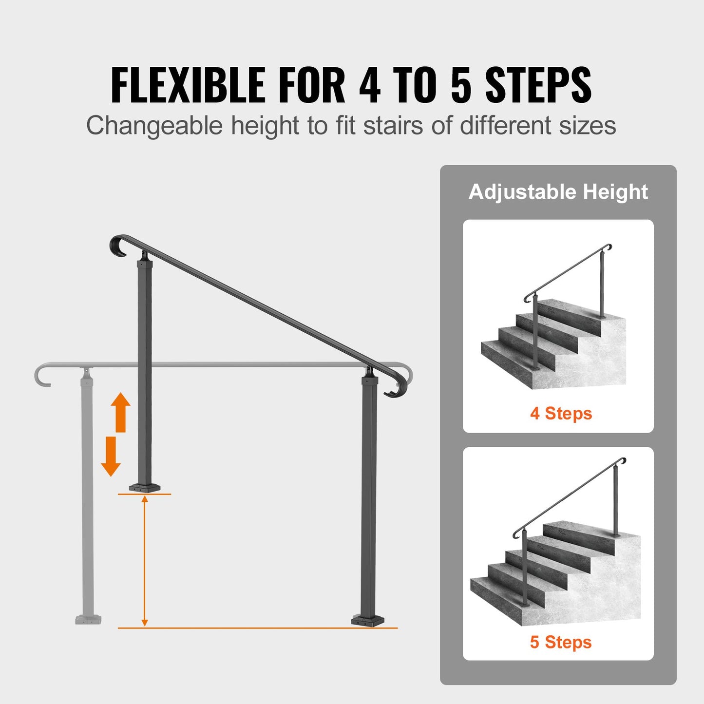 Wrought Iron Railing, Fits 2 or 3 Step Outdoor Stair Railing, Adjustable Porch Handrail, Black Transition Railing for Concrete Stairs or Wood Stairs with Installation Kit