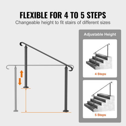 Wrought Iron Railing, Fits 2 or 3 Step Outdoor Stair Railing, Adjustable Porch Handrail, Black Transition Railing for Concrete Stairs or Wood Stairs with Installation Kit