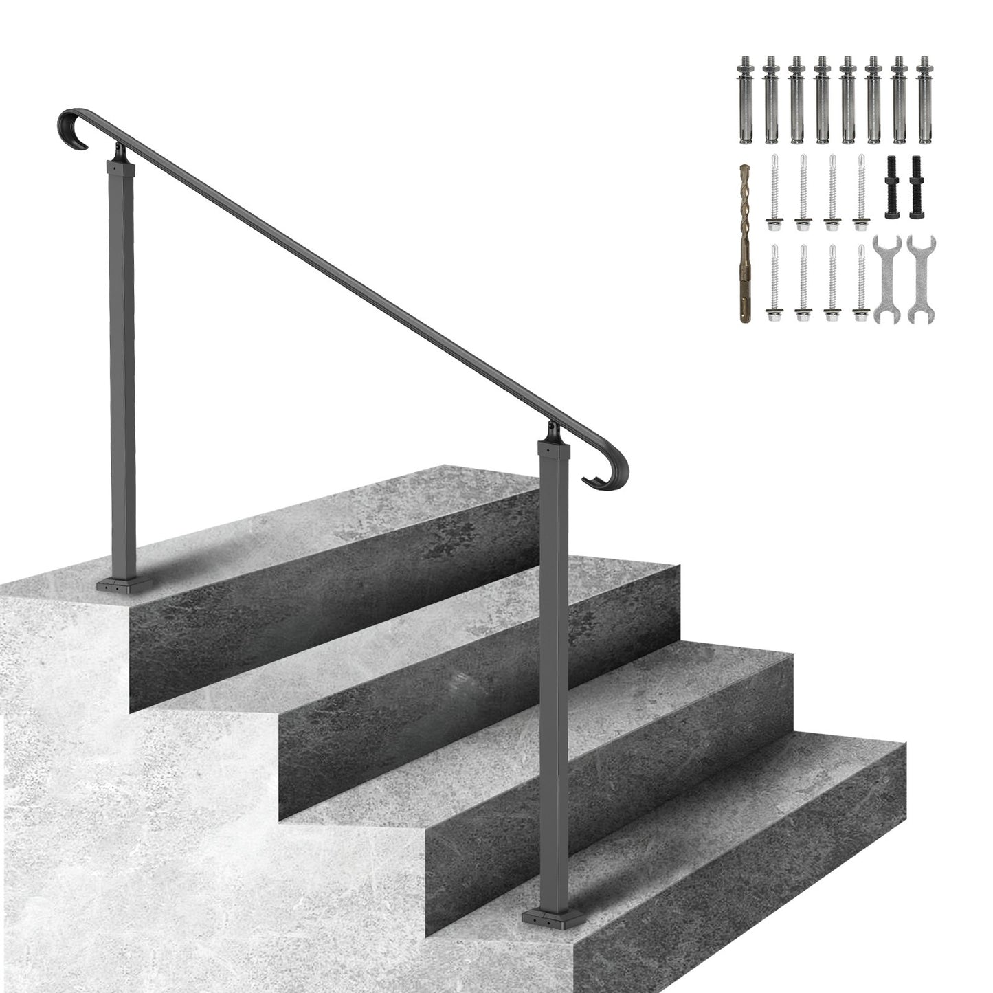 Wrought Iron Railing, Fits 2 or 3 Step Outdoor Stair Railing, Adjustable Porch Handrail, Black Transition Railing for Concrete Stairs or Wood Stairs with Installation Kit