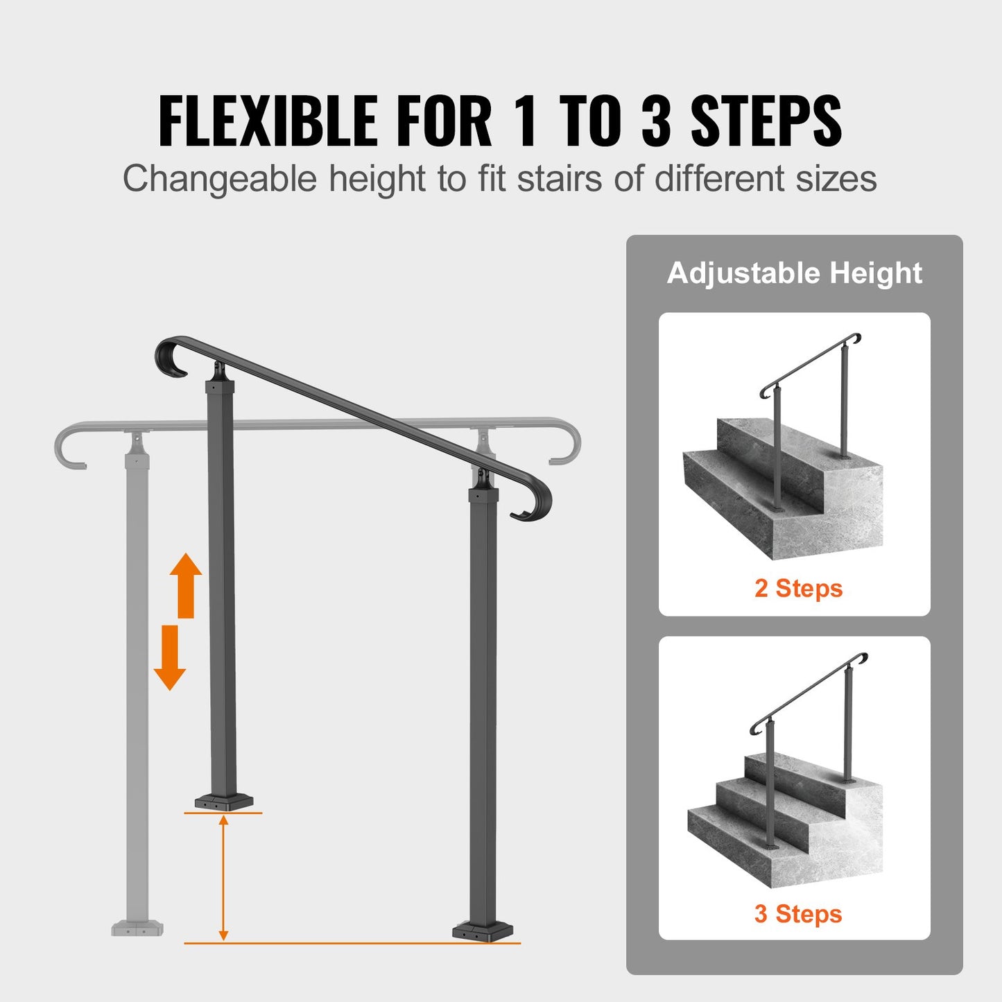 Smidesjärnsräcke, Passar 1 eller 2 stegs utomhustrappräcke, justerbar verandahandstång, svarta övergångsräcke för betongtrappor eller trätrappor med installationssats