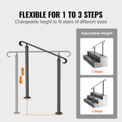 Smidesjärnsräcke, Passar 1 eller 2 stegs utomhustrappräcke, justerbar verandahandstång, svarta övergångsräcke för betongtrappor eller trätrappor med installationssats