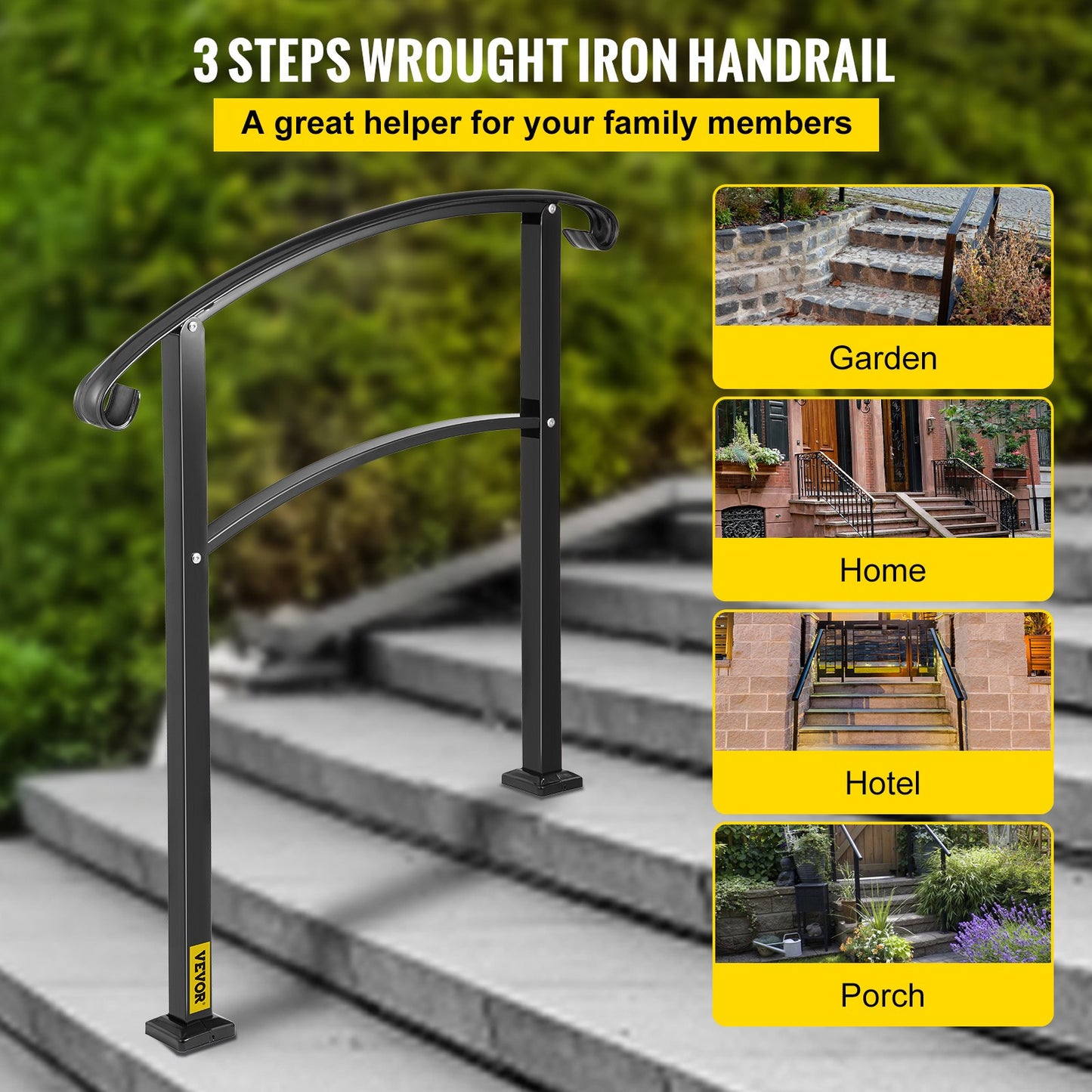 3-Step Transition Railing Fits 1 or 3 Steps Matte Stair Rail Wrought Iron Railing with Installation Kit Outdoor Stair Handrail (Non-Adjustable) (Black)