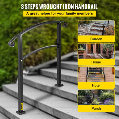 3-Step Transition Railing Fits 1 or 3 Steps Matte Stair Rail Wrought Iron Railing with Installation Kit Outdoor Stair Handrail (Non-Adjustable) (Black)