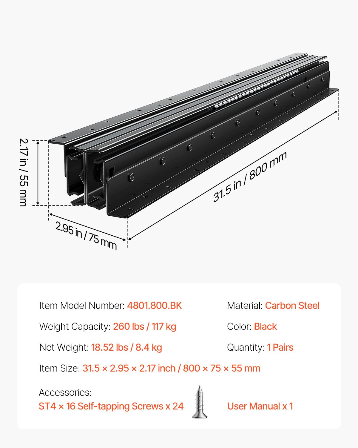 Undermount Drawer Slides 32 Inch Under Stair Cabinet Tracks 260 LB Load