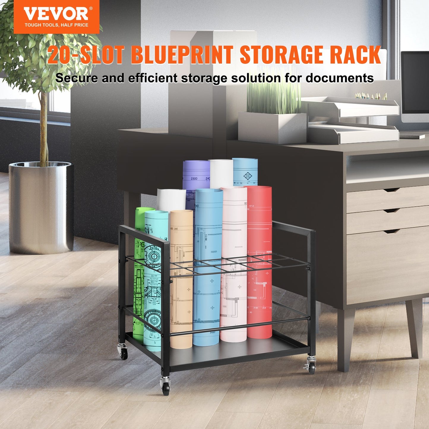 Blueprint Storage Rack 20 platser Mobil rullfilhållare för arkitektonisk