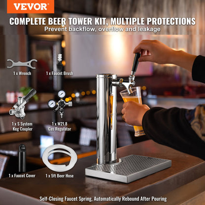 Kegerator Tower Kit, Single Tap Beer Conversion Kit, Keg Beer Tower Dispenser i rostfritt stål med Dual Gauge W21.8 Regulator & S-System Keg Coupler, öldroppbricka för festhem