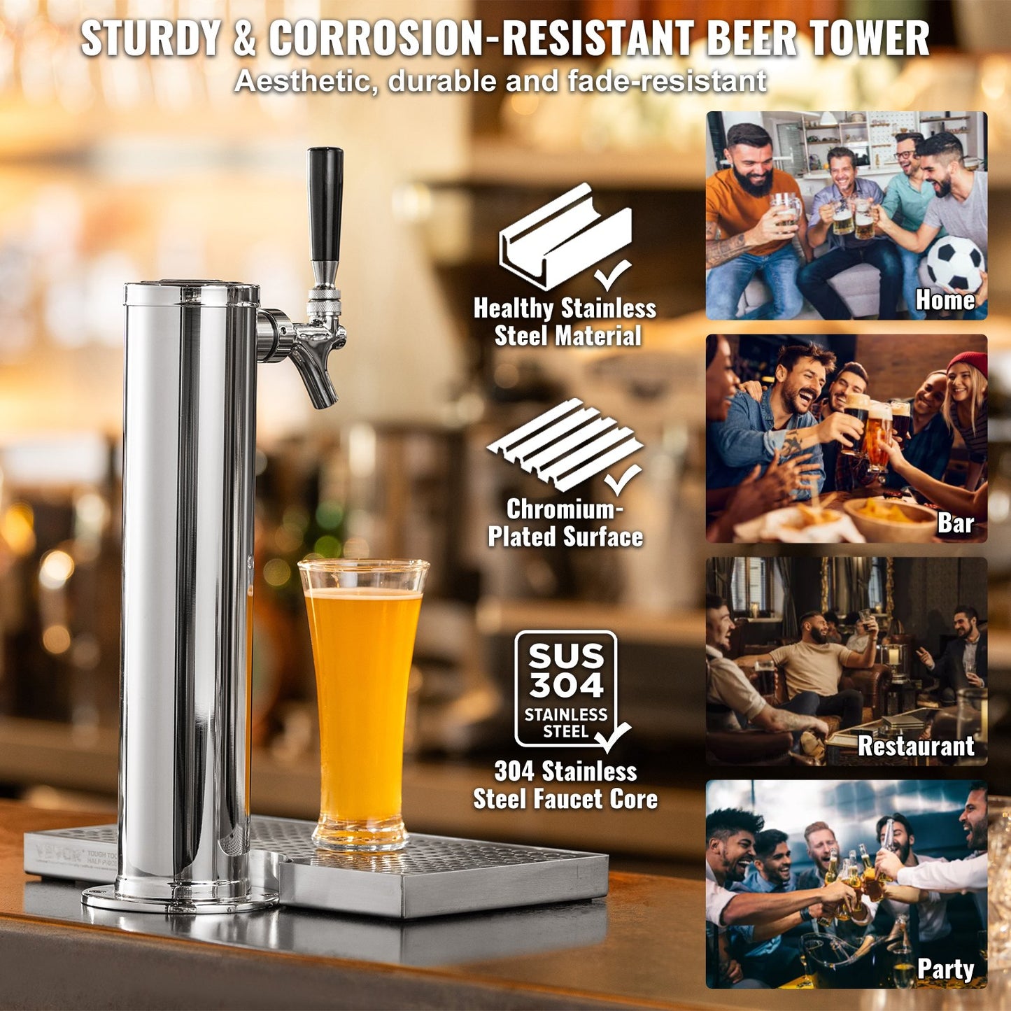 Kegerator Tower Kit, Single Tap Beer Conversion Kit, Keg Beer Tower Dispenser i rostfritt stål med Dual Gauge W21.8 Regulator & S-System Keg Coupler, öldroppbricka för festhem