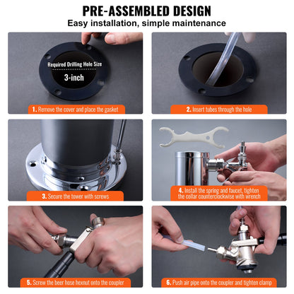 Kegerator Tower Kit, Dual Taps Beer Conversion Kit, Rostfritt stål Keg Beer Tower Dispenser med Dual Gauge W21.8 Regulator & S-System Keg Coupler för Party Home