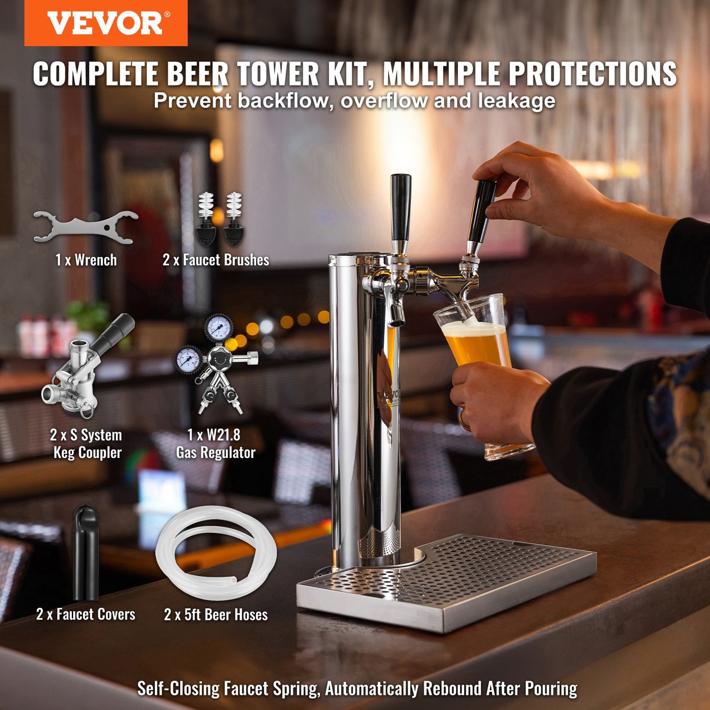 Kegerator Tower Kit, Dual Taps Beer Conversion Kit, Rostfritt stål Keg Beer Tower Dispenser med Dual Gauge W21.8 Regulator & S-System Keg Coupler, Öl droppbricka för Party Home