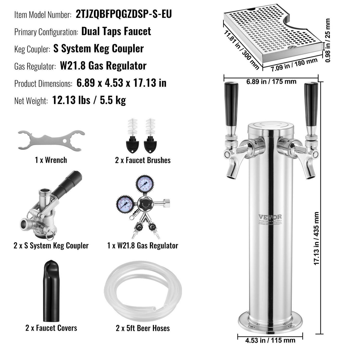 Kegerator Tower Kit, Dual Taps Beer Conversion Kit, Rostfritt stål Keg Beer Tower Dispenser med Dual Gauge W21.8 Regulator & S-System Keg Coupler, Öl droppbricka för Party Home