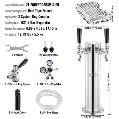 Kegerator Tower Kit, Dual Taps Beer Conversion Kit, Rostfritt stål Keg Beer Tower Dispenser med Dual Gauge W21.8 Regulator & S-System Keg Coupler, Öl droppbricka för Party Home