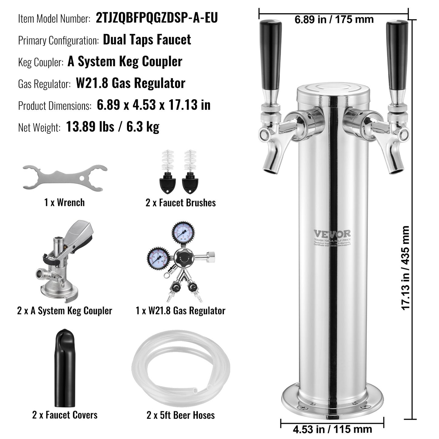 Dual Taps Kegerator Tower Kit Kegerator Beer Tower & A-System Keg Coupler