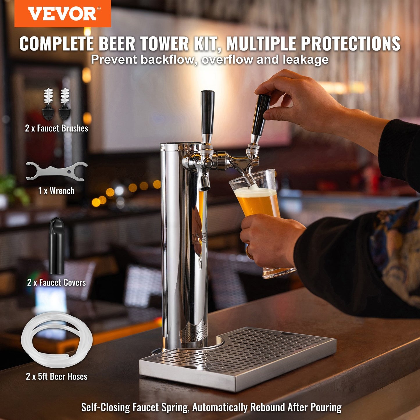Dual Taps Fat Beer Tower Dispenser, rostfritt stål Keg Beer Tower, Kegerator Tower Kit med förmonterad slang och självstängande kranskaft för fest, bar, pub, restaurang