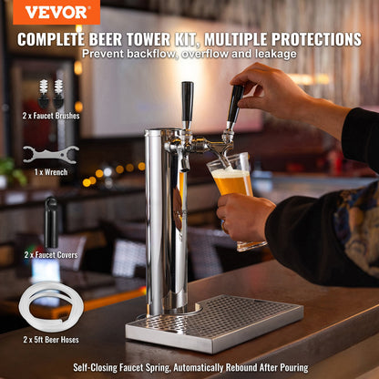 Dual Taps Fat Beer Tower Dispenser, rostfritt stål Keg Beer Tower, Kegerator Tower Kit med förmonterad slang och självstängande kranskaft för fest, bar, pub, restaurang