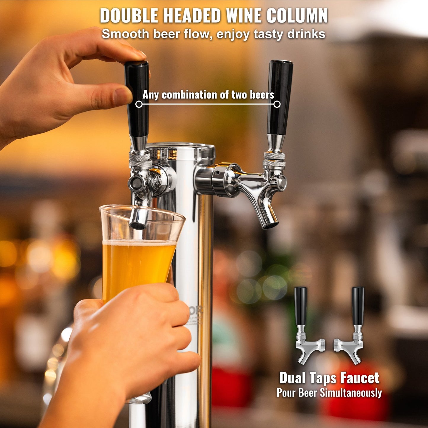 Dual Taps Fat Beer Tower Dispenser, rostfritt stål Keg Beer Tower, Kegerator Tower Kit med förmonterad slang och självstängande kranskaft för fest, bar, pub, restaurang