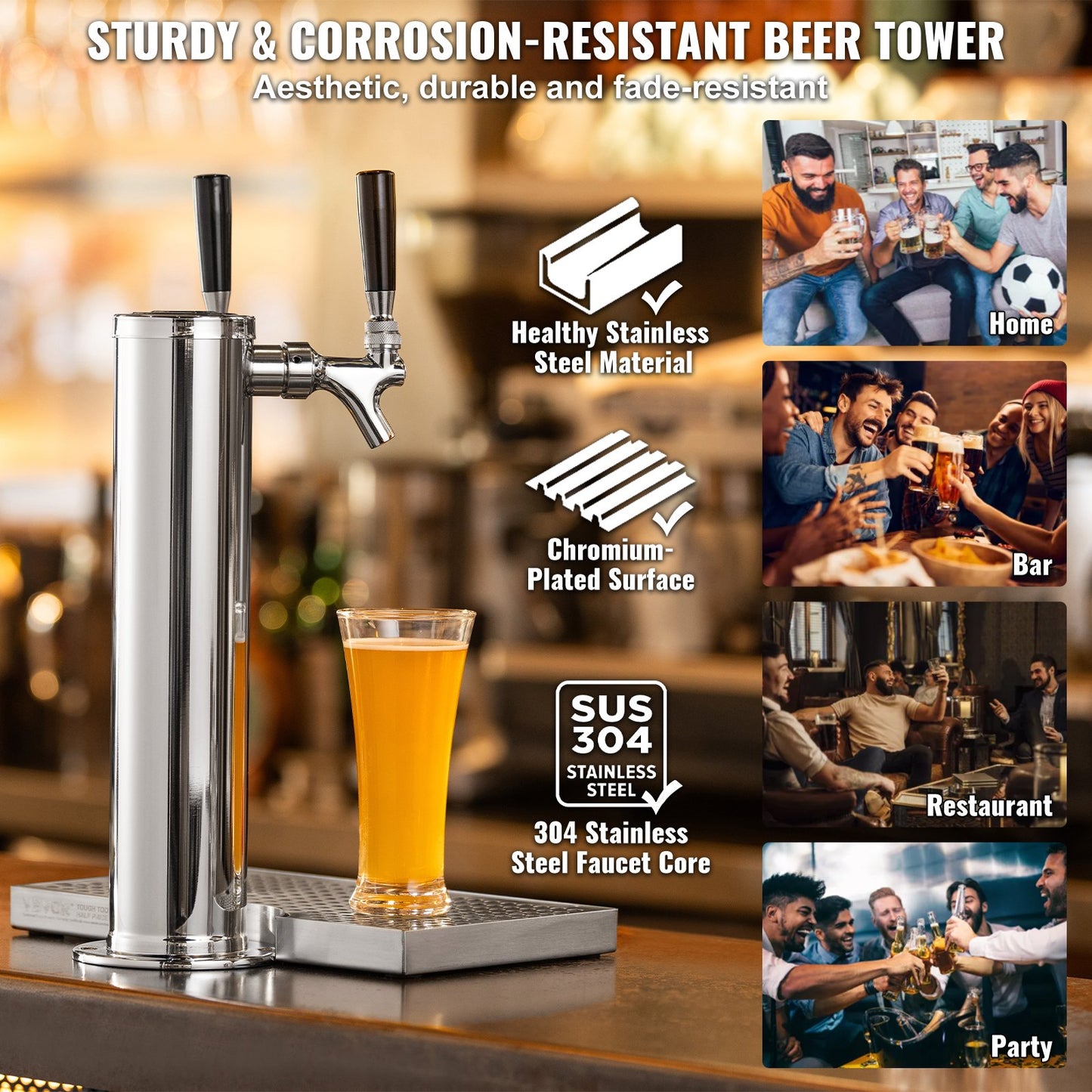 Dual Taps Fat Beer Tower Dispenser, rostfritt stål Keg Beer Tower, Kegerator Tower Kit med förmonterad slang och självstängande kranskaft för fest, bar, pub, restaurang