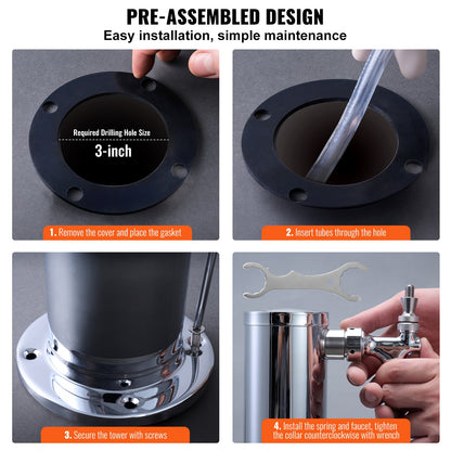 Dual Taps Fat Beer Tower Dispenser, rostfritt stål Keg Beer Tower, Kegerator Tower Kit med förmonterad slang och självstängande kranskaft för fest, bar, pub, restaurang