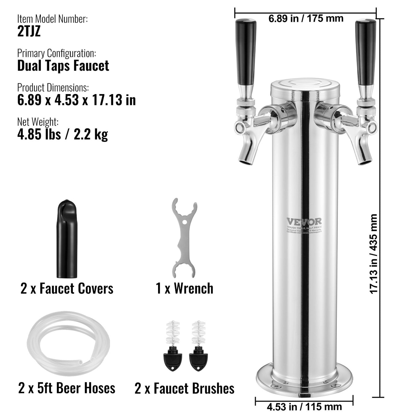 Dual Taps Fat Beer Tower Dispenser, rostfritt stål Keg Beer Tower, Kegerator Tower Kit med förmonterad slang och självstängande kranskaft för fest, bar, pub, restaurang