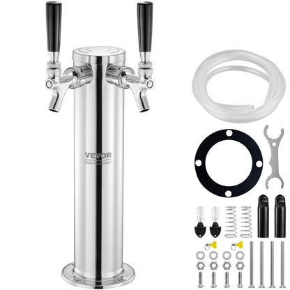 Dual Taps Fat Beer Tower Dispenser, rostfritt stål Keg Beer Tower, Kegerator Tower Kit med förmonterad slang och självstängande kranskaft för fest, bar, pub, restaurang