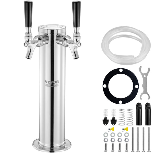 Doppelhahn-Bierturm-Zapfanlage, Edelstahl-Fassbierturm, Kegerator-Turm-Kit mit vormontiertem Schlauch und selbstschließendem Zapfhahn für Partys, Bars, Pubs und Restaurants