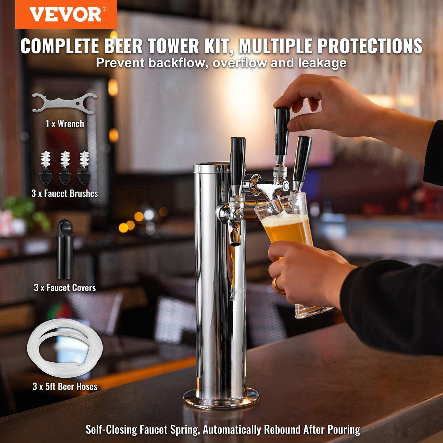 Triple Taps Fatölstornautomat, öltorn i rostfritt stål, Kegerator Tower Kit med förmonterade slangar och självstängande kranskaft för fest, bar, pub, restaurang