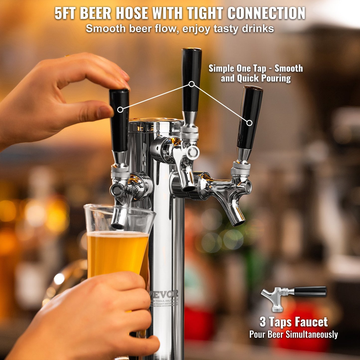 Triple Taps Fatölstornautomat, öltorn i rostfritt stål, Kegerator Tower Kit med förmonterade slangar och självstängande kranskaft för fest, bar, pub, restaurang