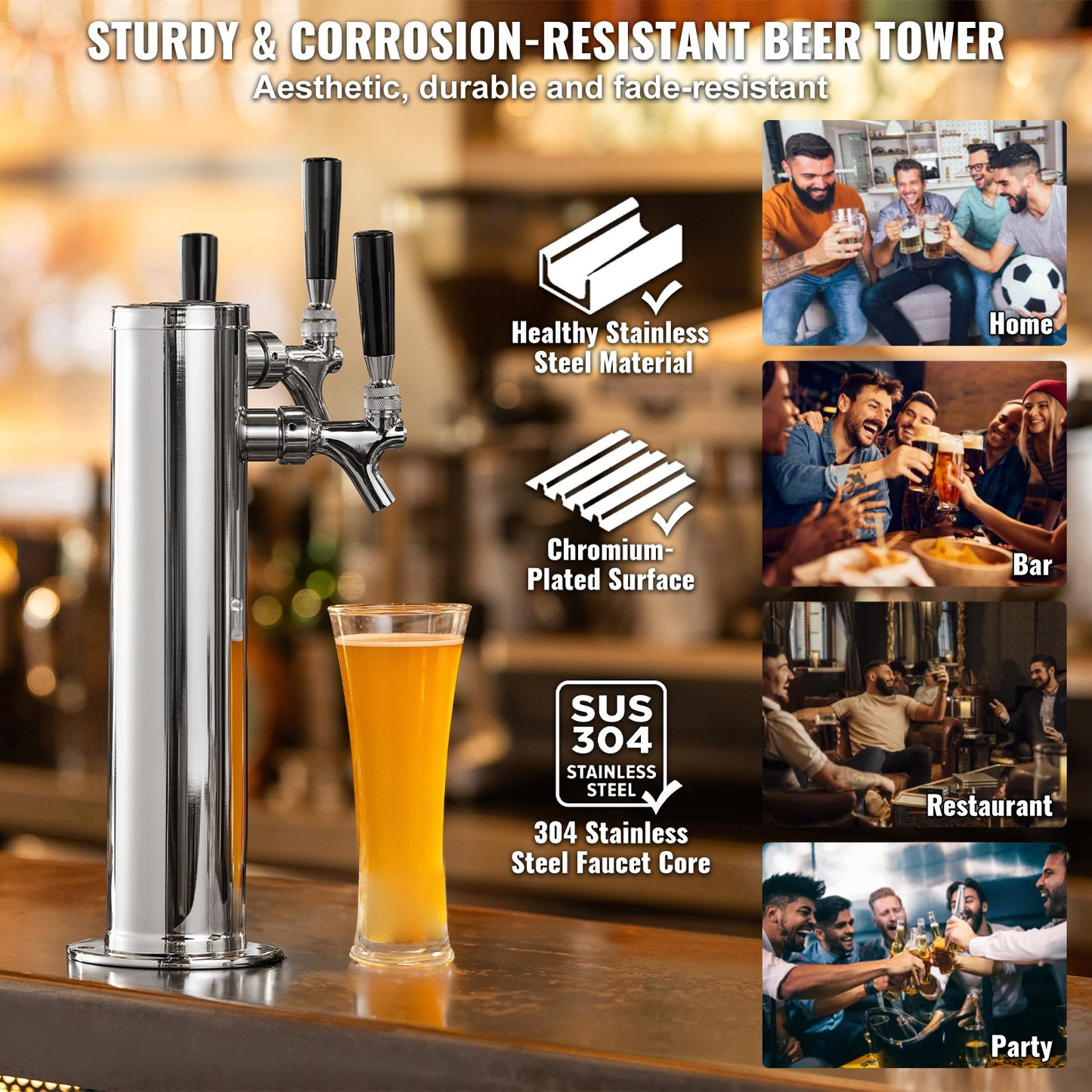Triple Taps Fatölstornautomat, öltorn i rostfritt stål, Kegerator Tower Kit med förmonterade slangar och självstängande kranskaft för fest, bar, pub, restaurang